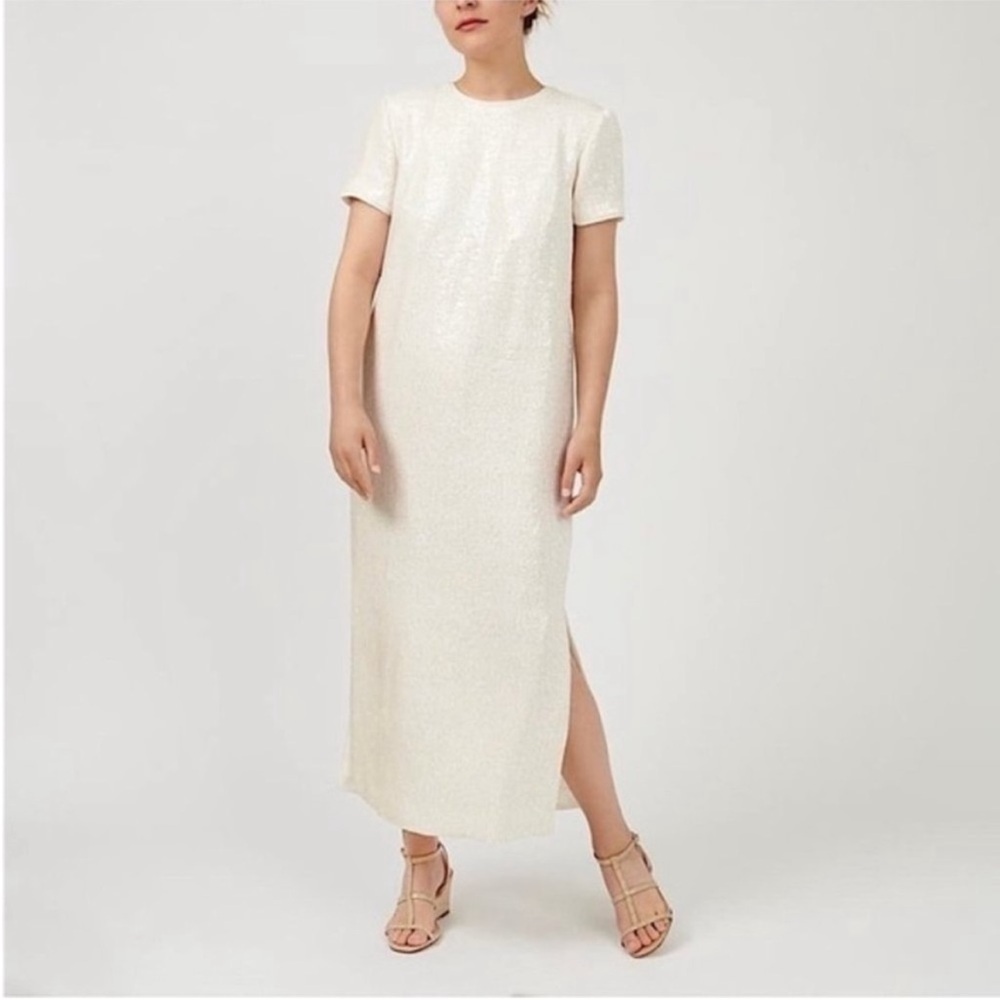 NWT J CREW Ivory Sequin Short Sleeve Side Slit Formal Shift Gown Maxi Dress 6